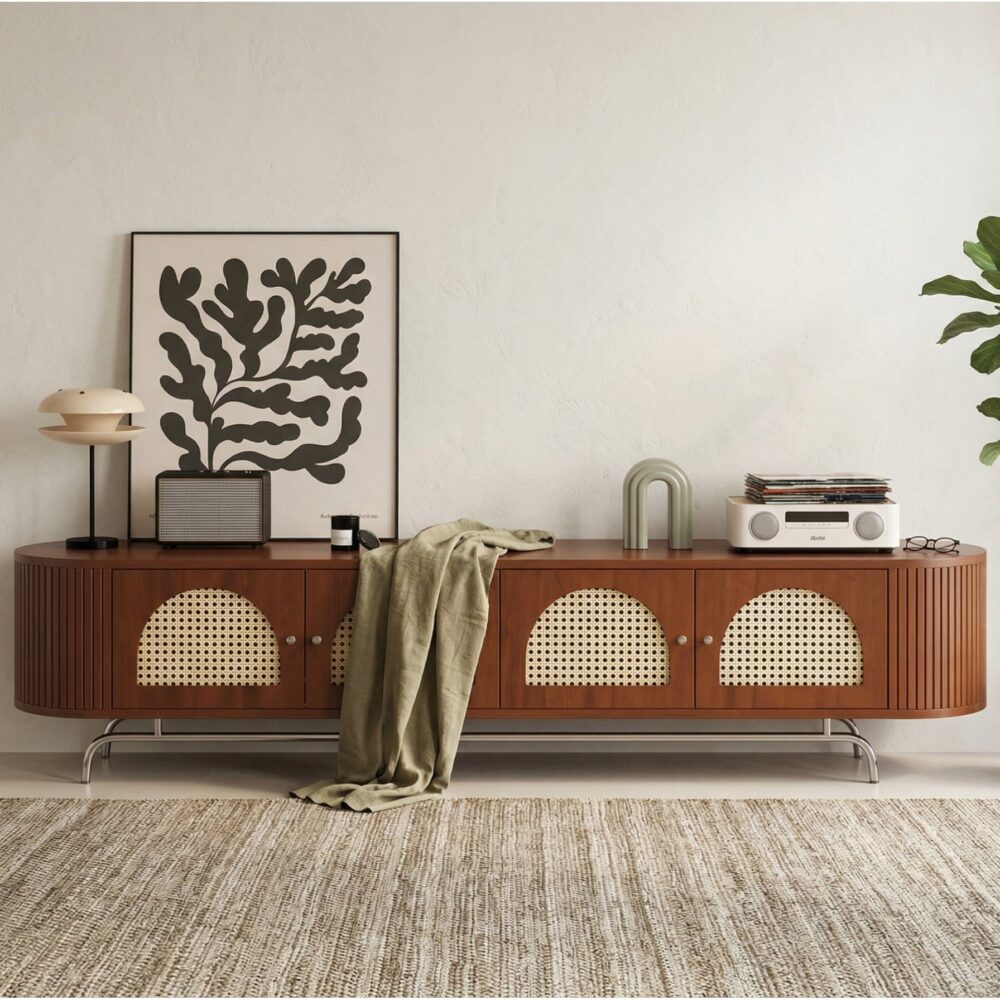 Mid Century Modern Rattan Tv Stand With Ample Storage 1