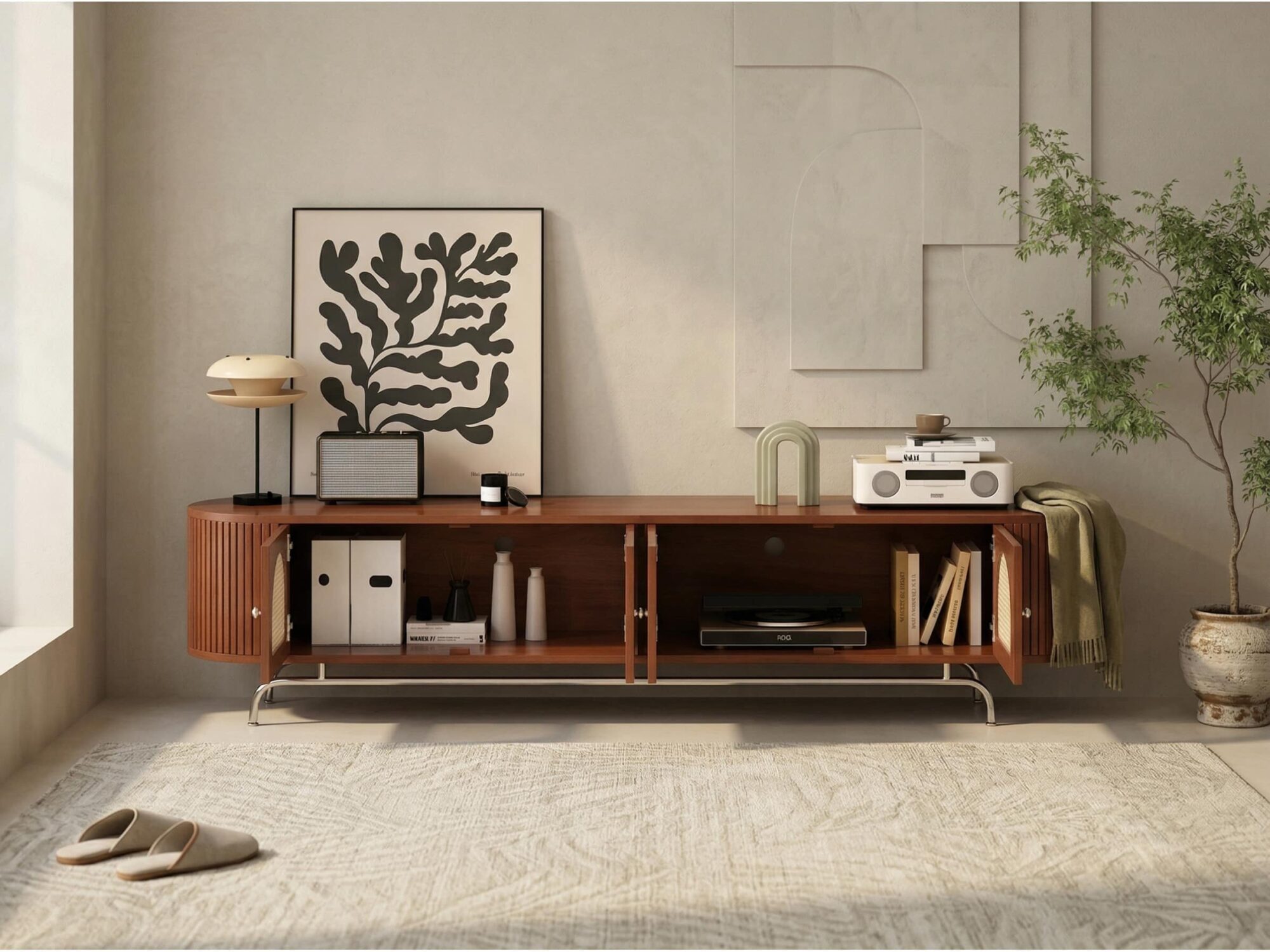 Mid Century Modern Rattan Tv Stand With Ample Storage 4