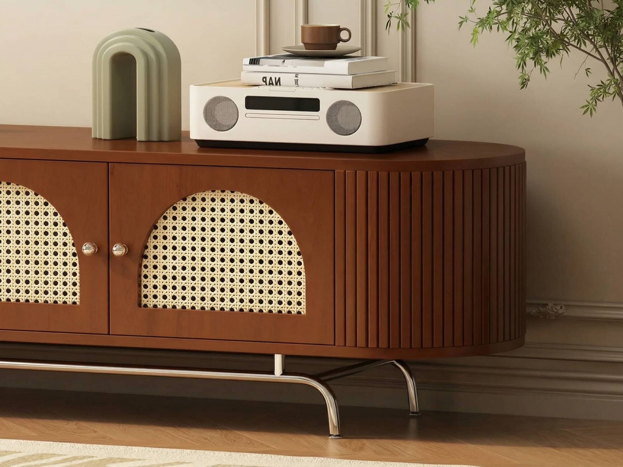 Mid Century Modern Rattan Tv Stand With Ample Storage 8