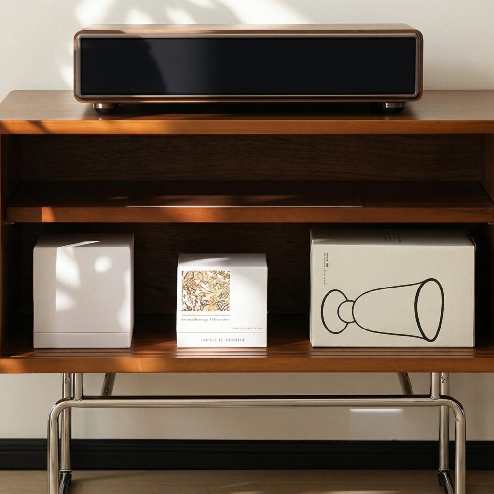 Mid Century Modern Walnut Wood Tv Stand With Sliding Doors 5