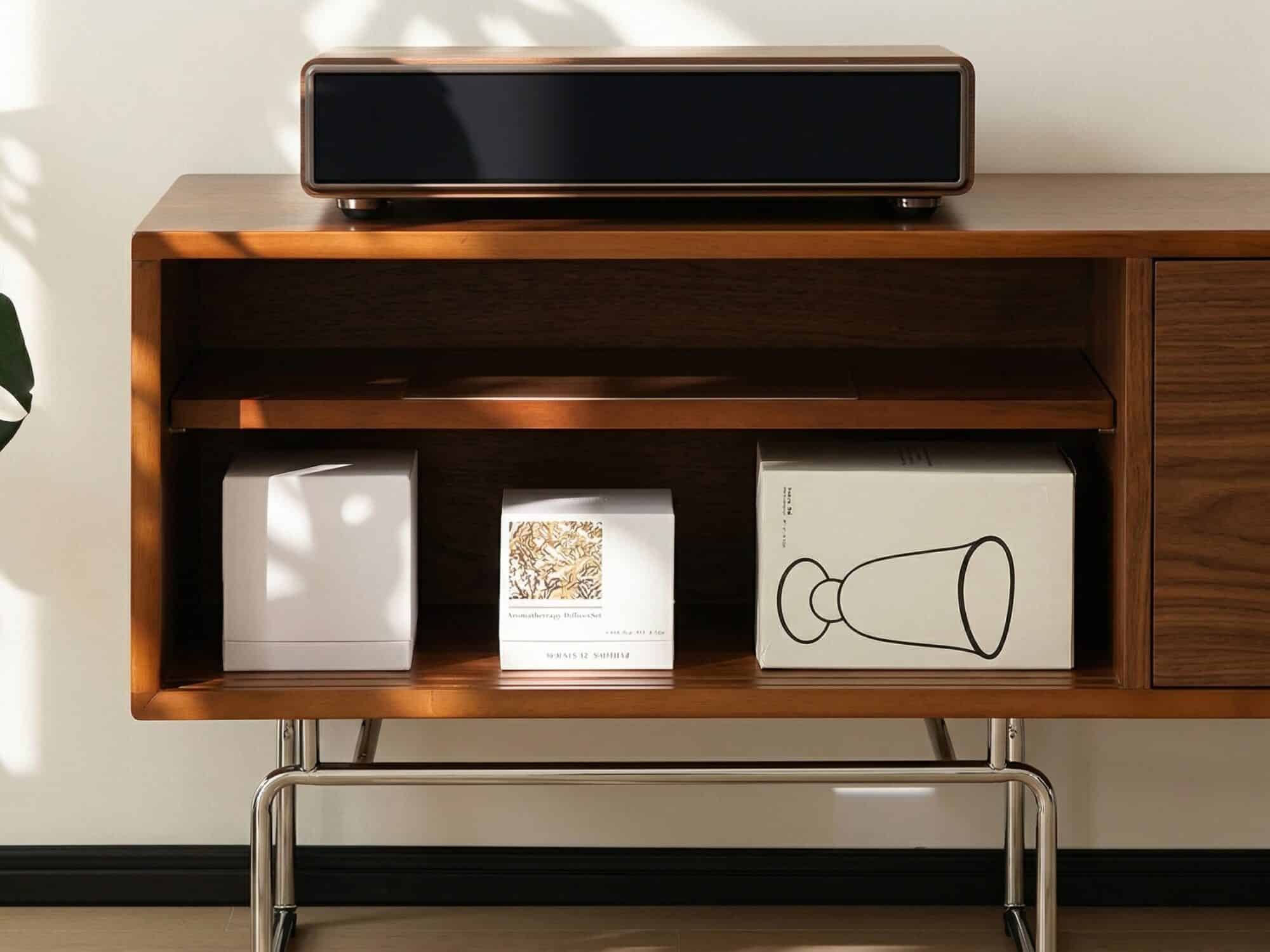 Mid Century Modern Walnut Wood Tv Stand With Sliding Doors 5