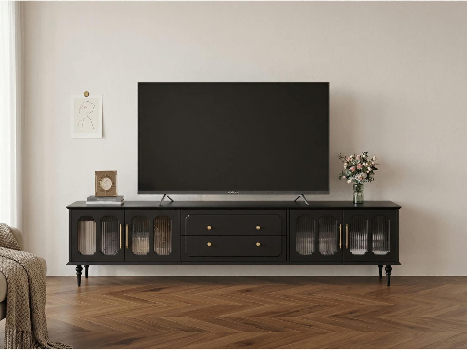 Mid-Century Modern Wood Black Drawers Long TV Stand 商品主图 scene