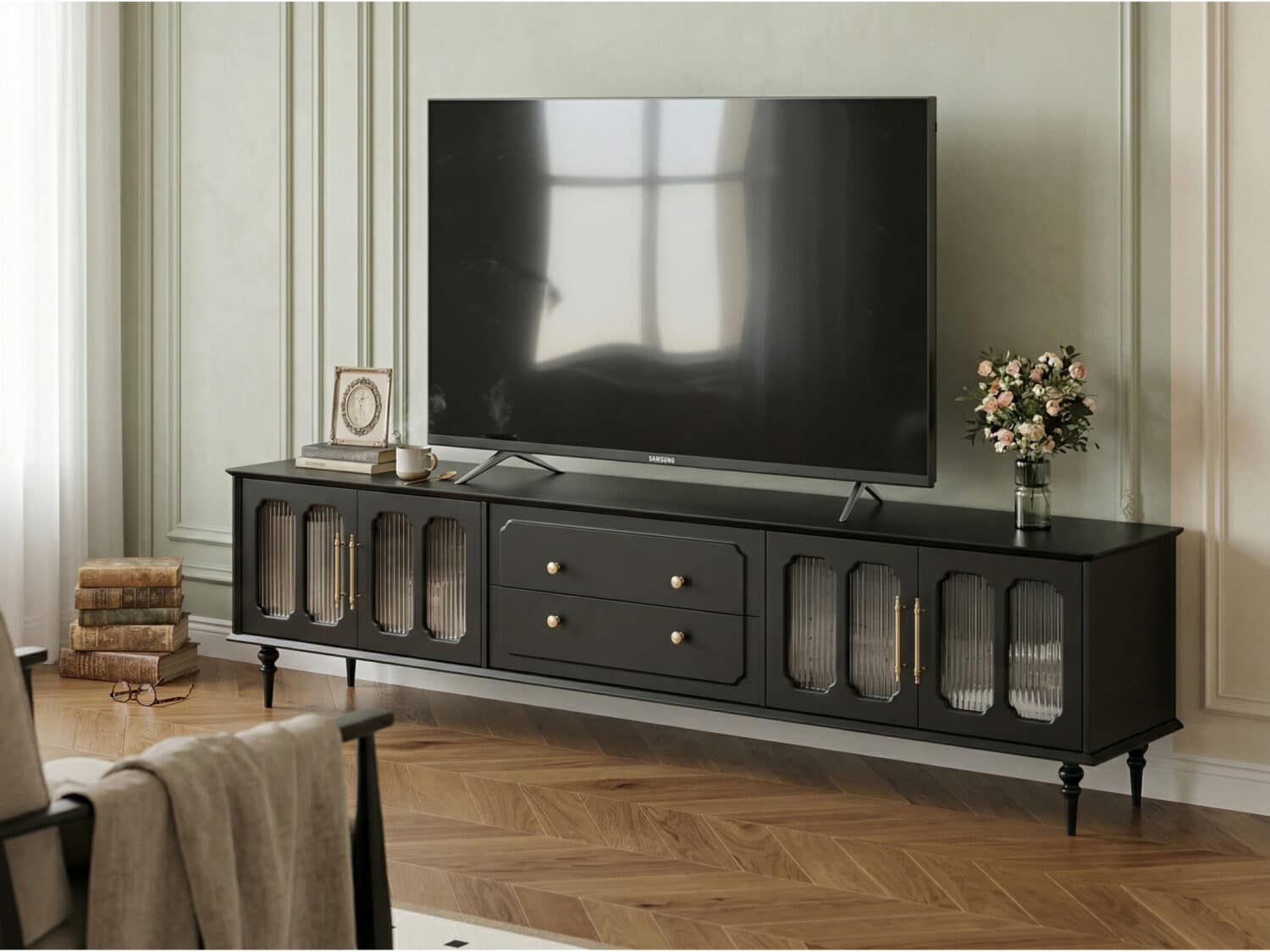 Mid-Century Modern Wood Black Drawers Long TV Stand 相册图 #3 scene