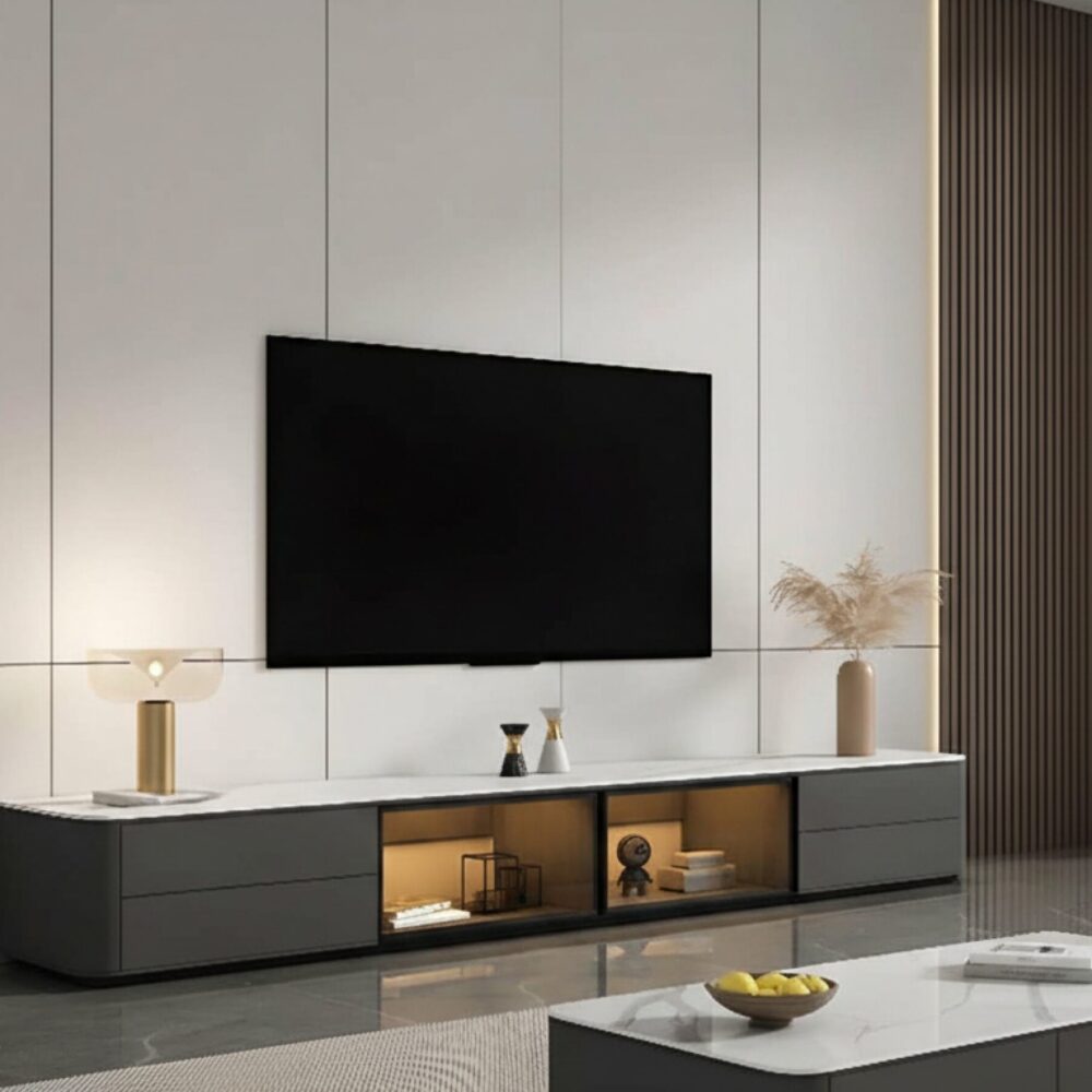 Modern Led Tv Stand With Drawers And Glass Cabinet Doors 1