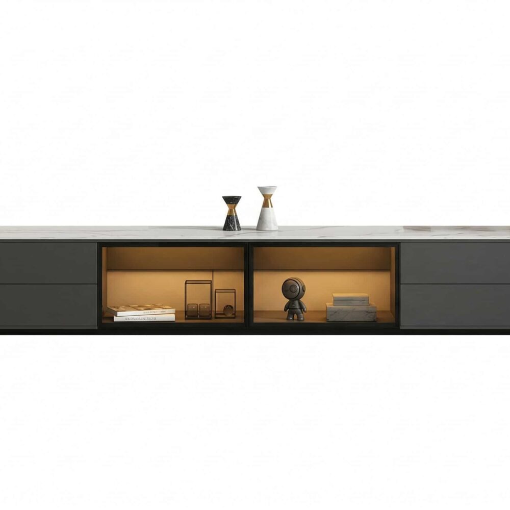 Modern Led Tv Stand With Drawers And Glass Cabinet Doors 3