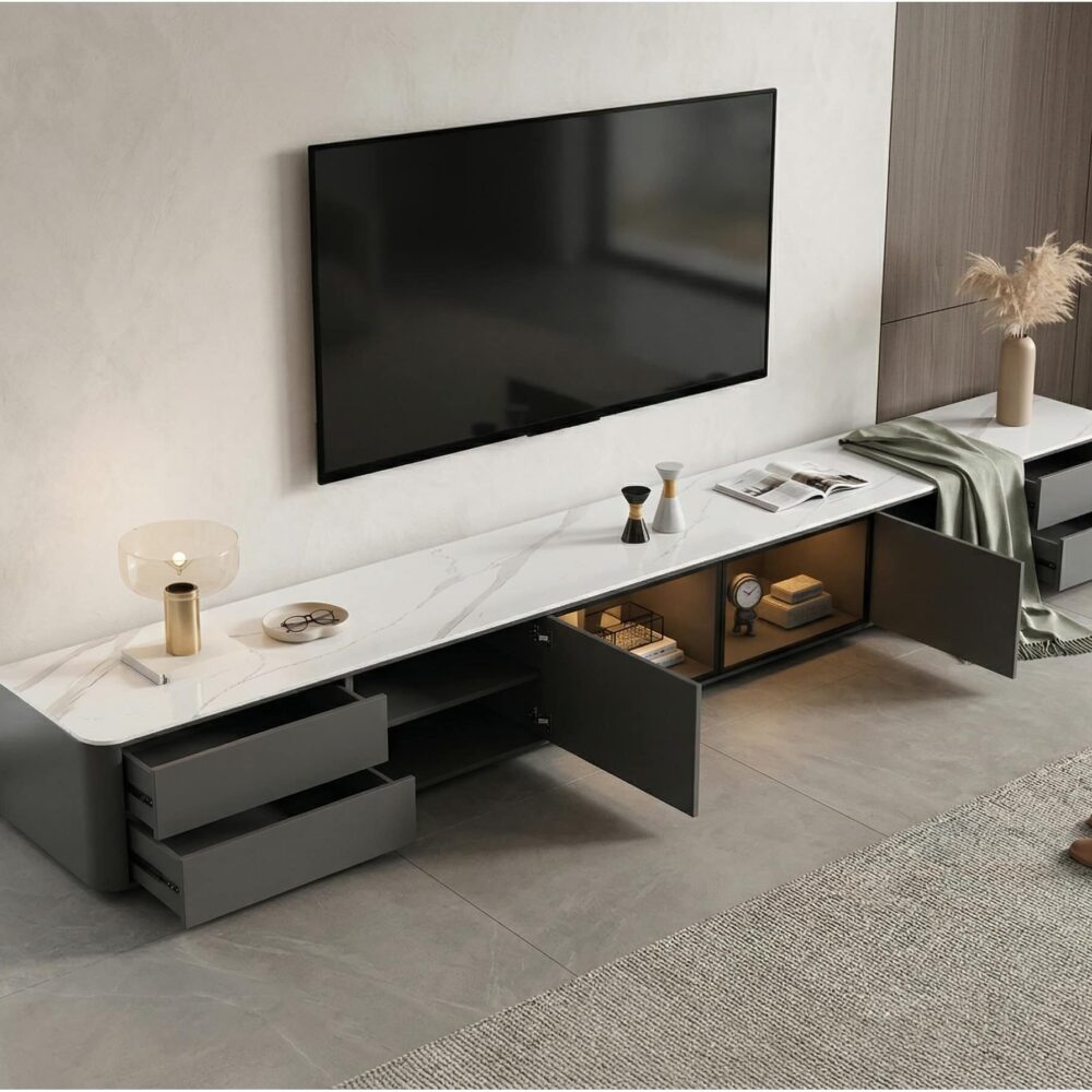 Modern Led Tv Stand With Drawers And Glass Cabinet Doors 4