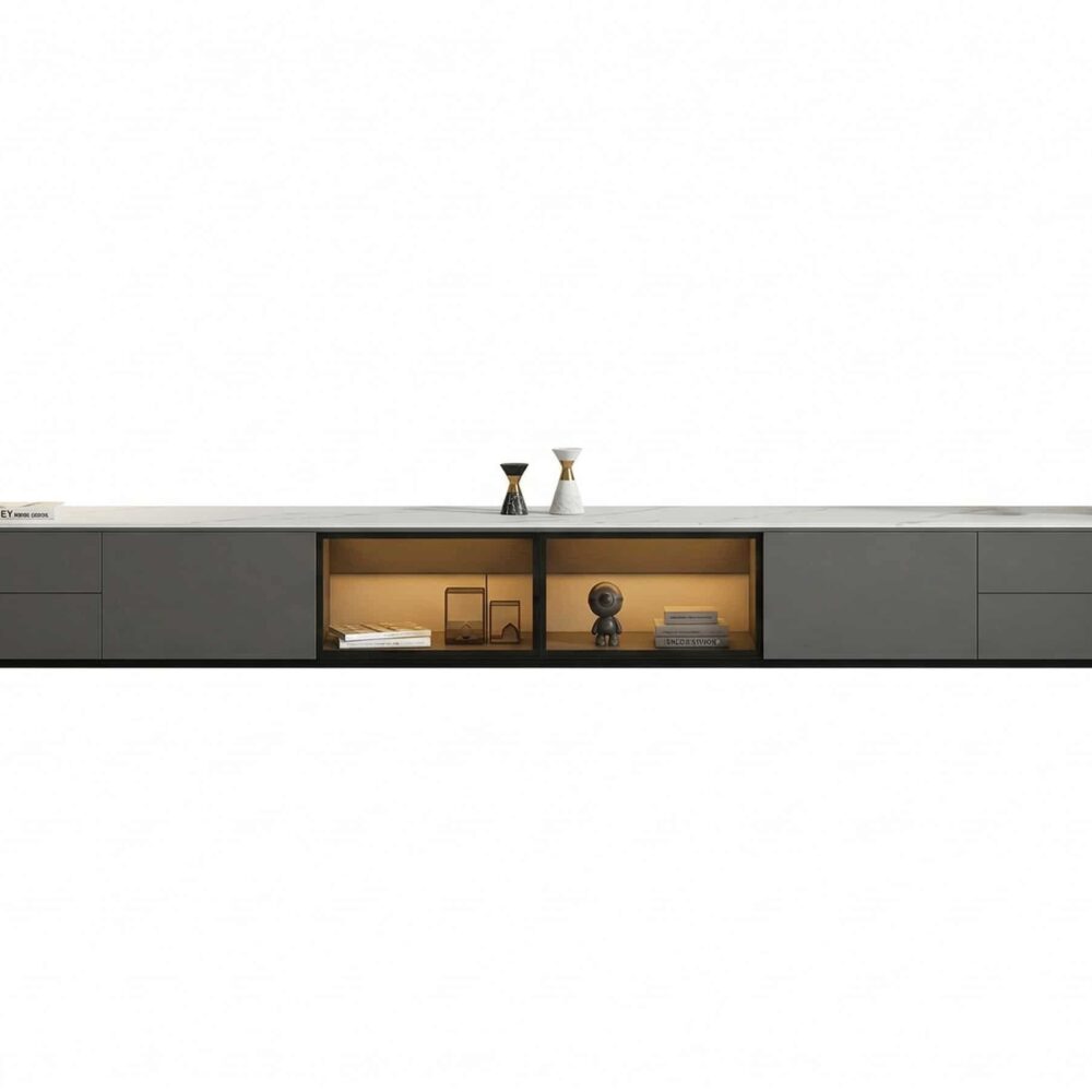 Modern Led Tv Stand With Drawers And Glass Cabinet Doors 5