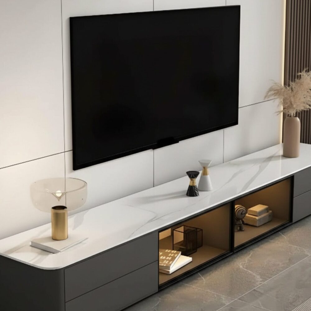 Modern Led Tv Stand With Drawers And Glass Cabinet Doors 6
