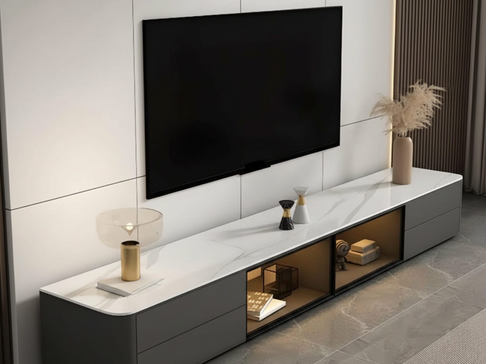 Modern Led Tv Stand With Drawers And Glass Cabinet Doors 6