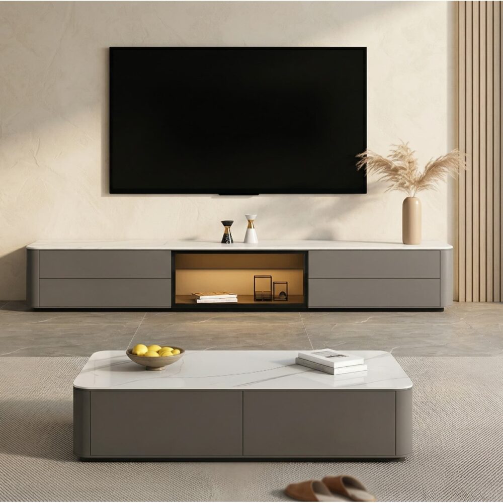 Modern Led Tv Stand With Drawers And Glass Cabinet Doors 7