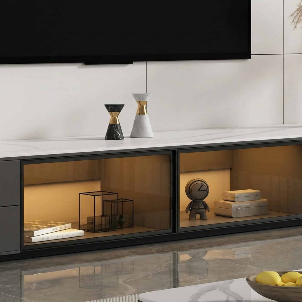 Modern Led Tv Stand With Drawers And Glass Cabinet Doors 8