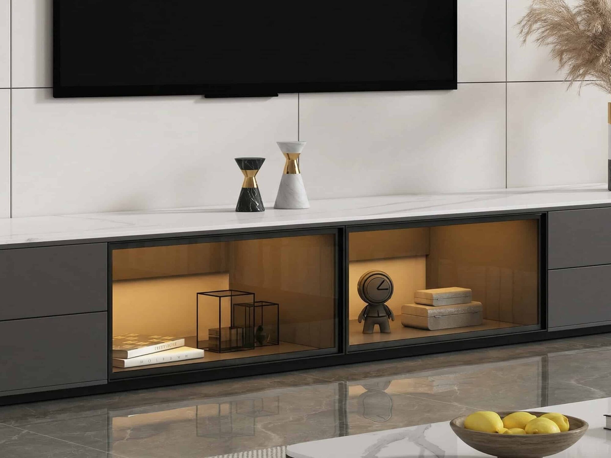 Modern Led Tv Stand With Drawers And Glass Cabinet Doors 8