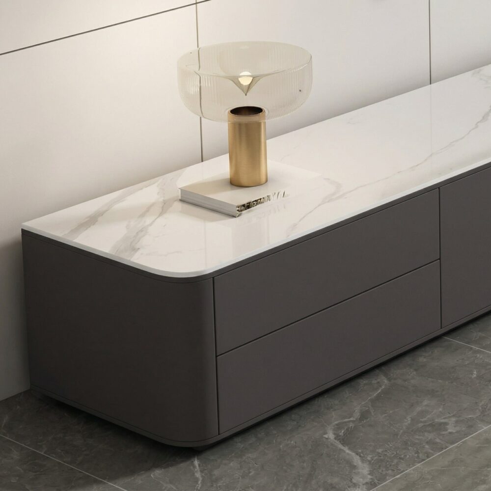 Modern Led Tv Stand With Drawers And Glass Cabinet Doors 9