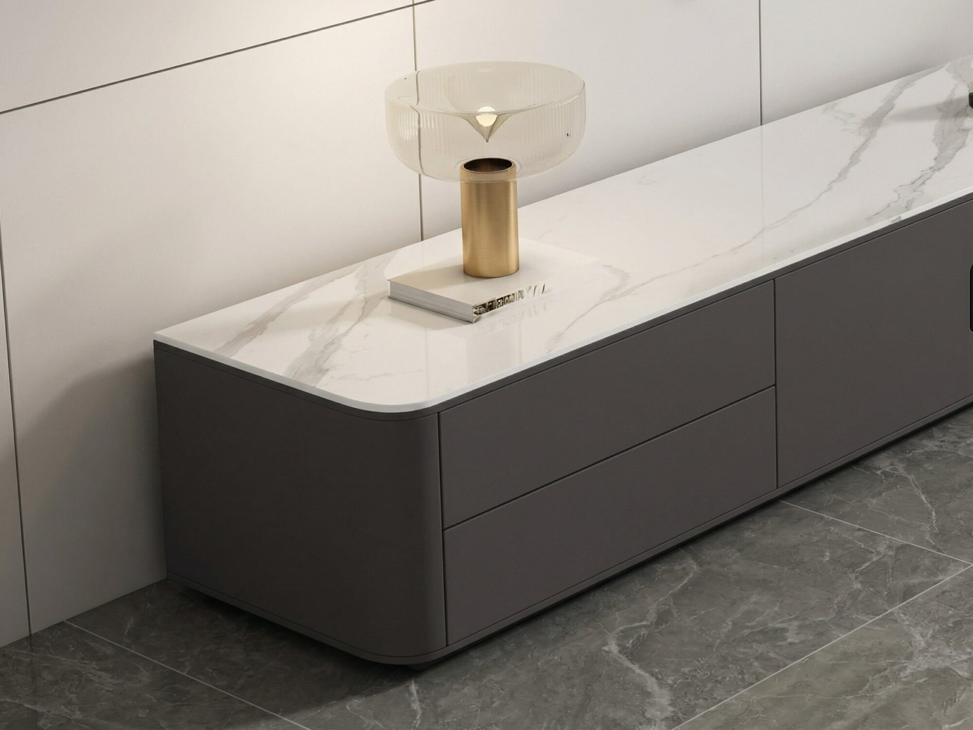 Modern Led Tv Stand With Drawers And Glass Cabinet Doors 9