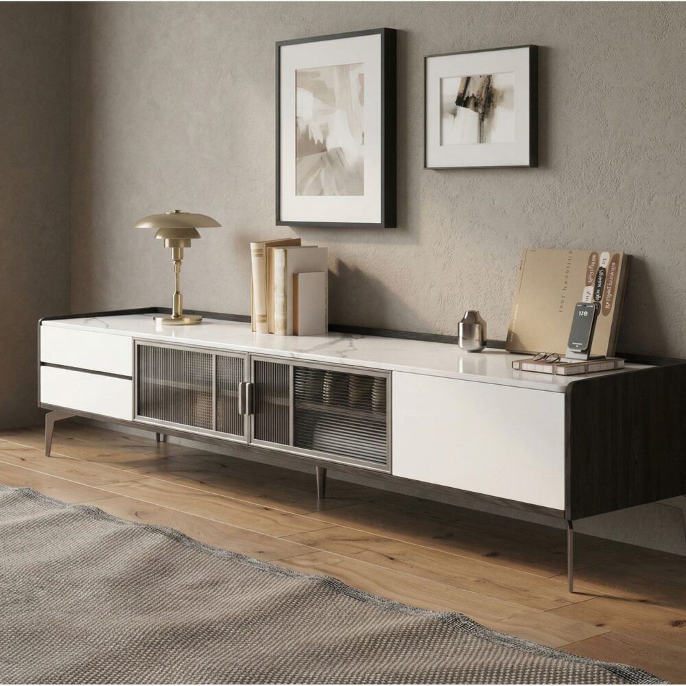 Modern Minimalist Tv Stand With Drawers And Marble Top 2