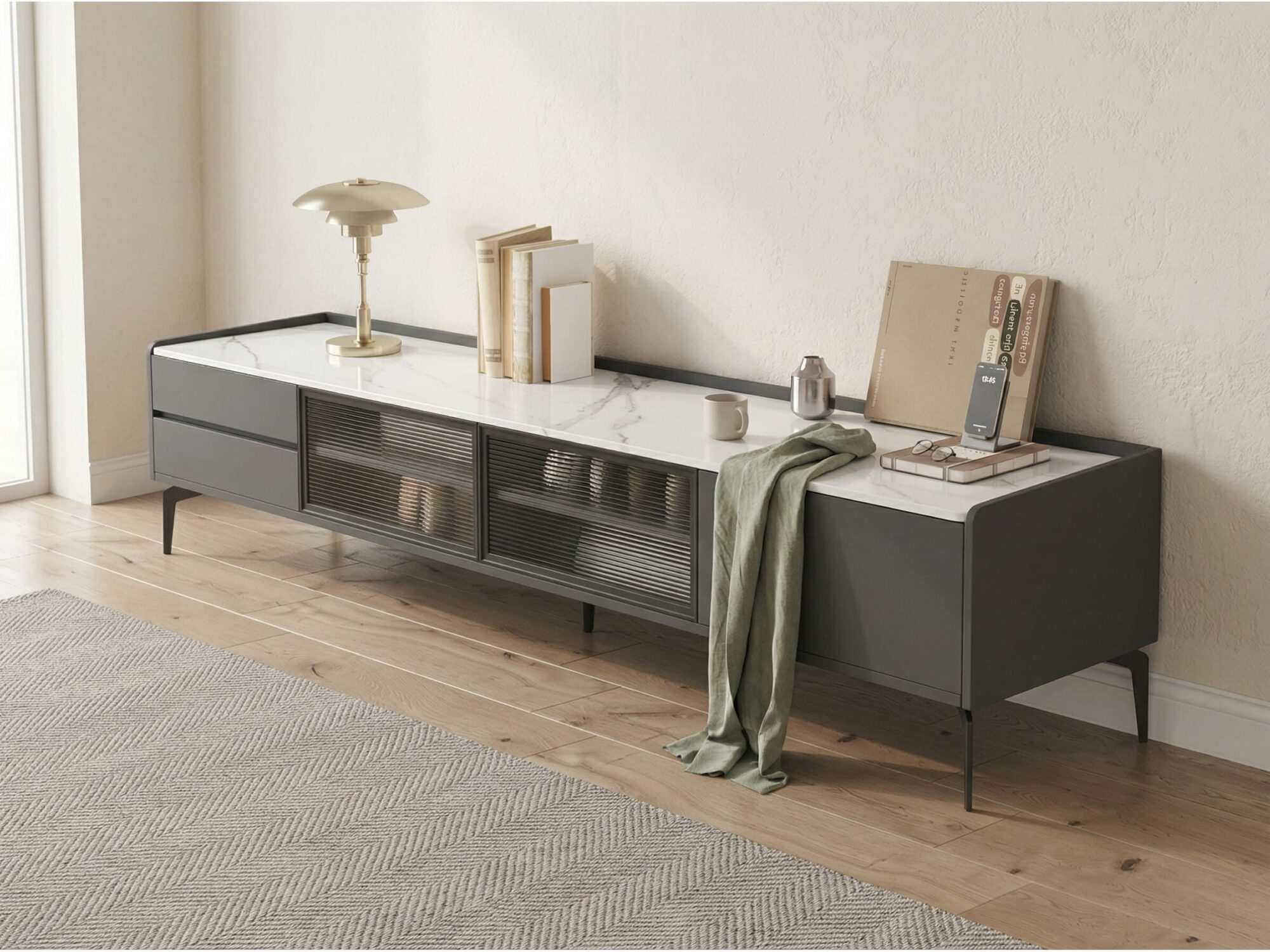 Modern Minimalist Tv Stand With Drawers And Marble Top 7