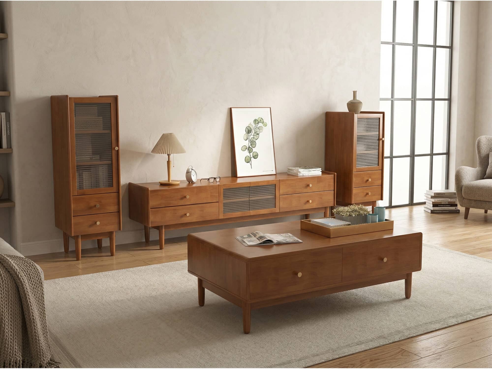 Nut-Brown Oak Medium Wood Tone TV Stand with Storage 相册图 #3 scene