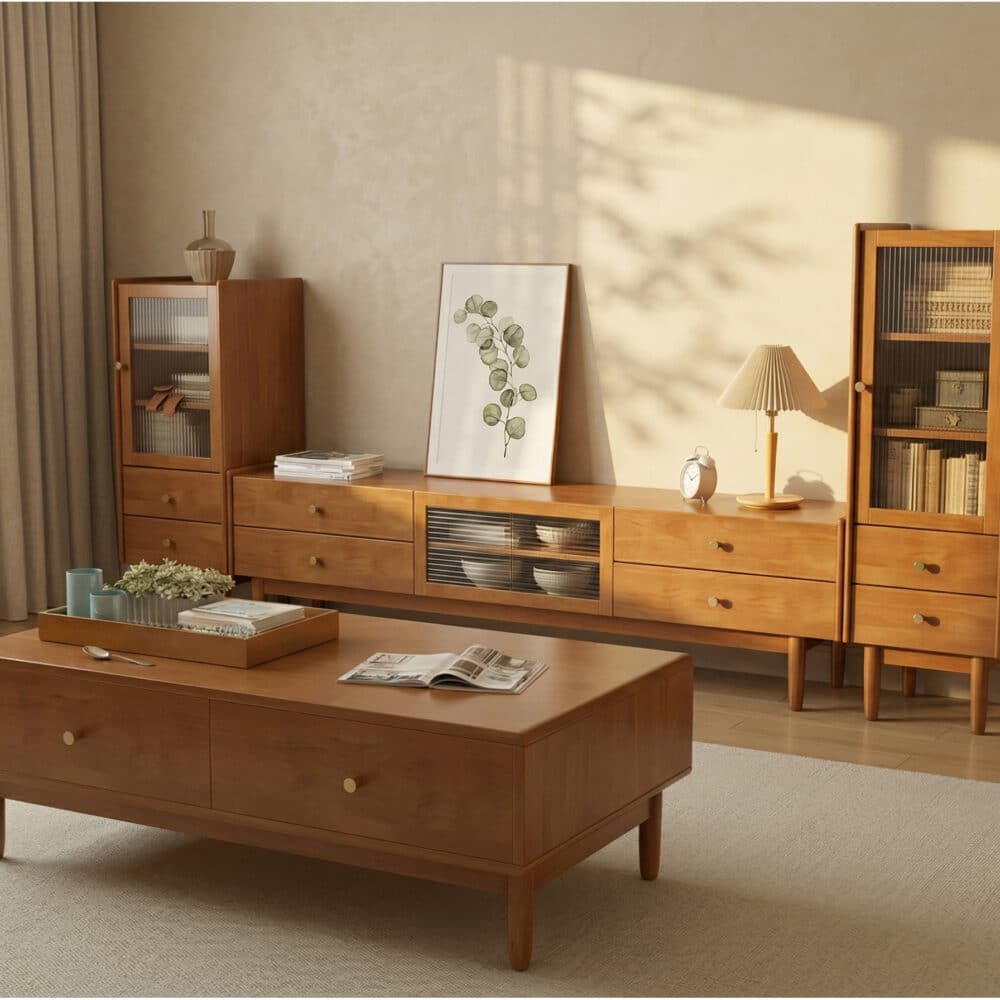 Nut-Brown Oak Medium Wood Tone TV Stand with Storage 相册图 #5 scene