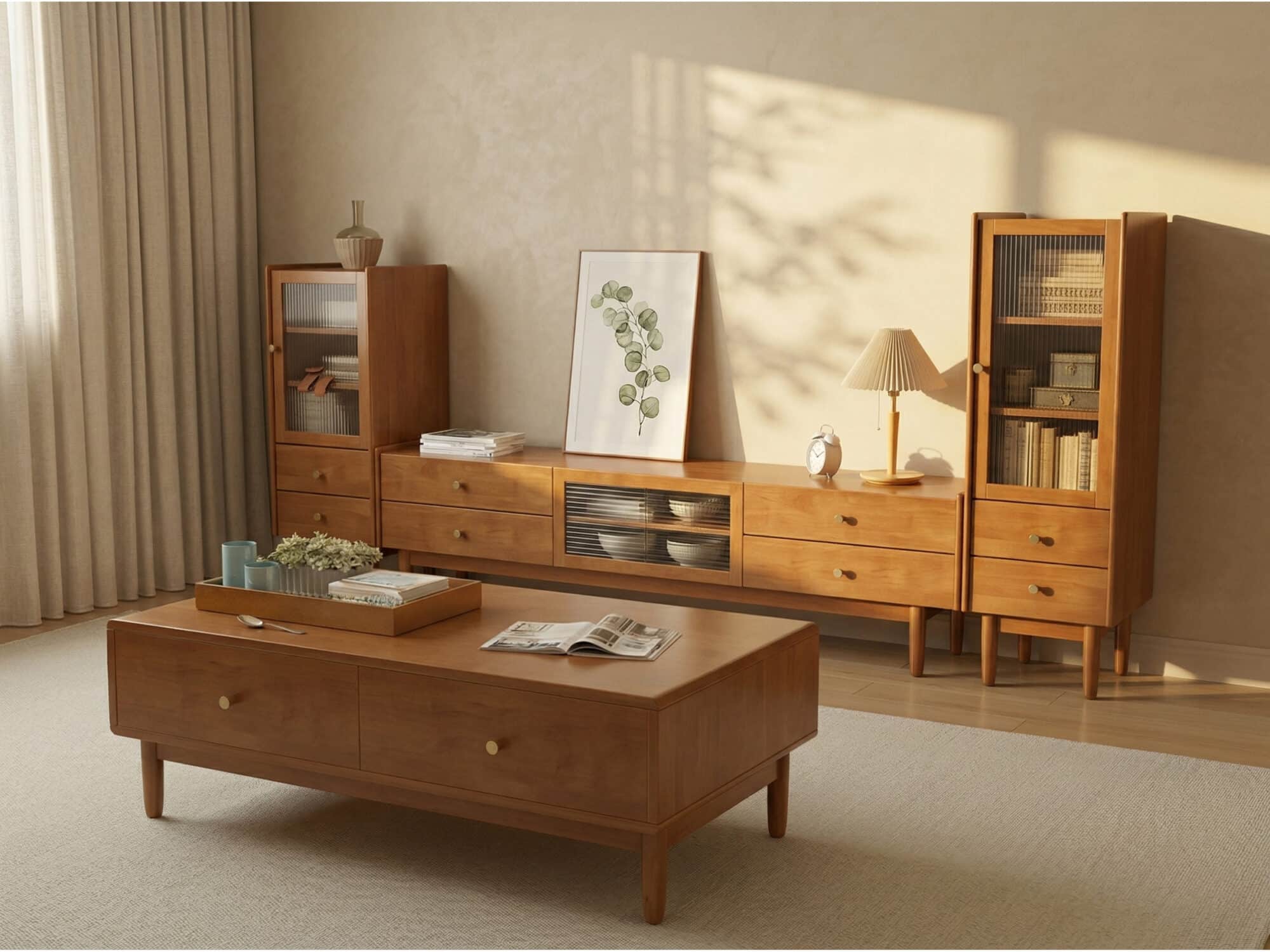 Nut-Brown Oak Medium Wood Tone TV Stand with Storage 相册图 #5 scene