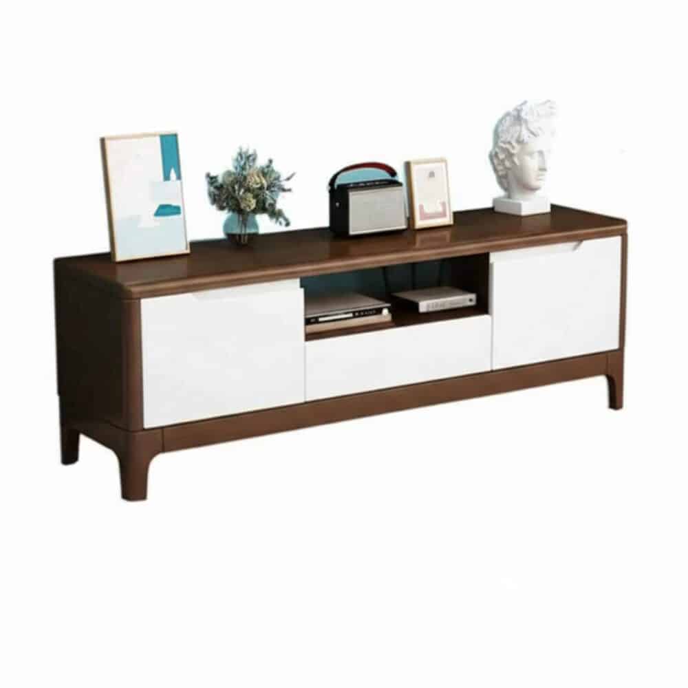 Nut Brown Rubberwood Tv Stand With Shelves Cabinet 10