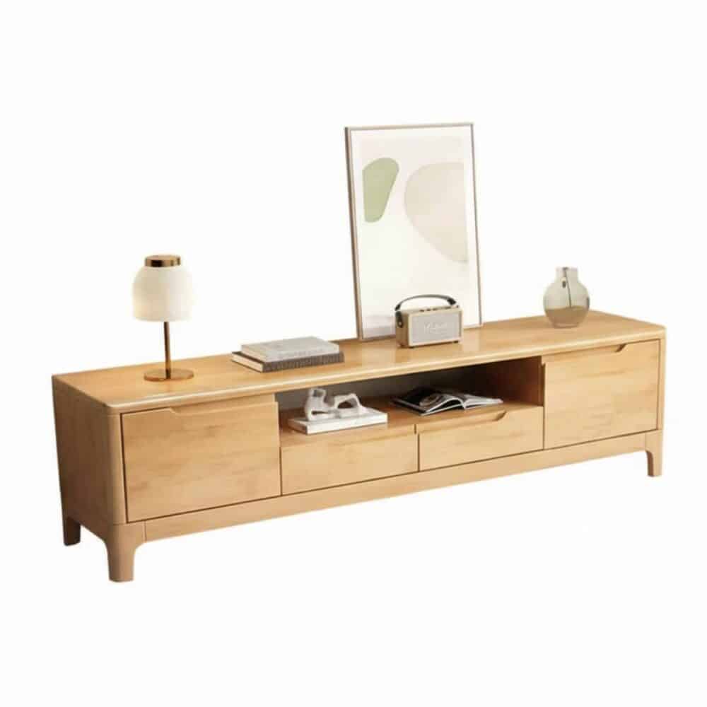 Nut Brown Rubberwood Tv Stand With Shelves Cabinet 19