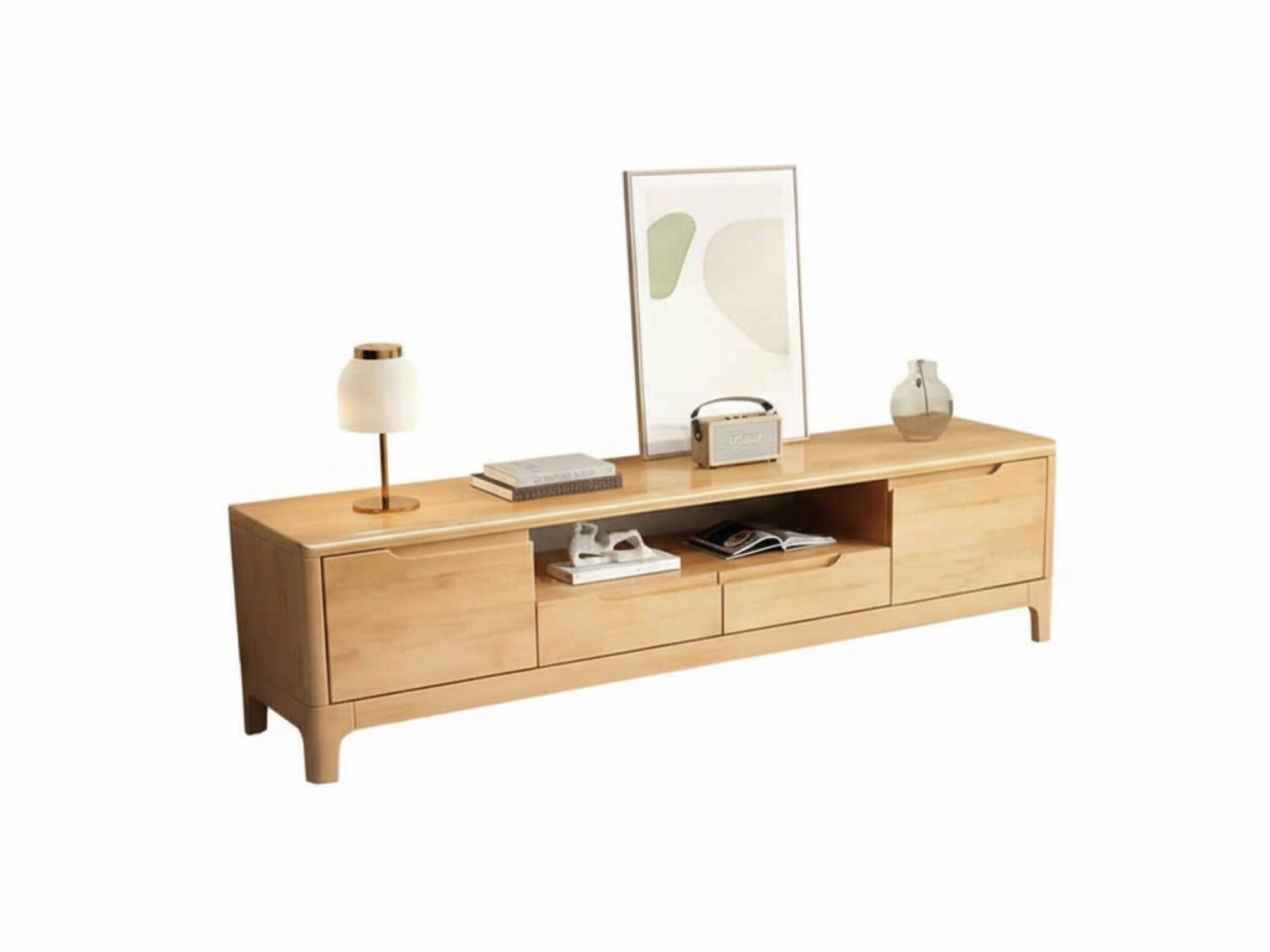 Nut Brown Rubberwood Tv Stand With Shelves Cabinet 19