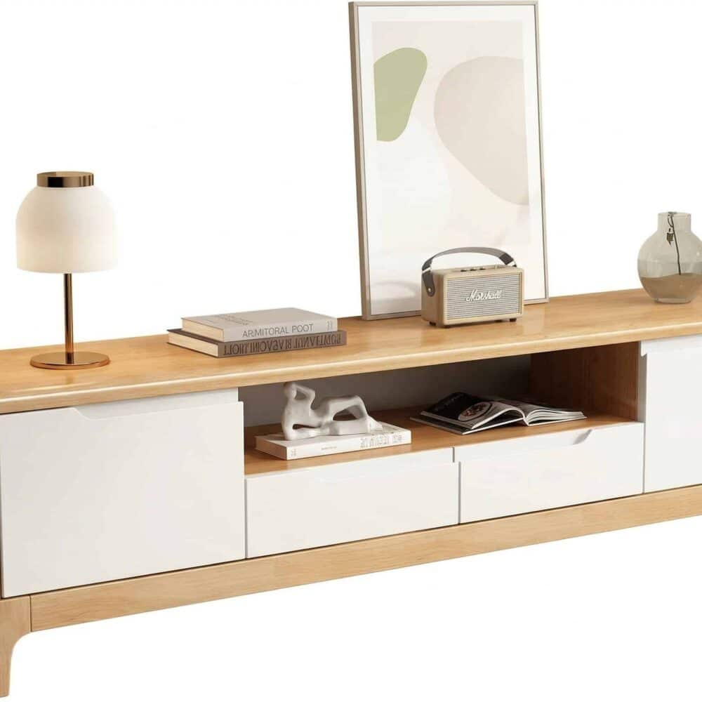 Nut Brown Rubberwood Tv Stand With Shelves Cabinet 22