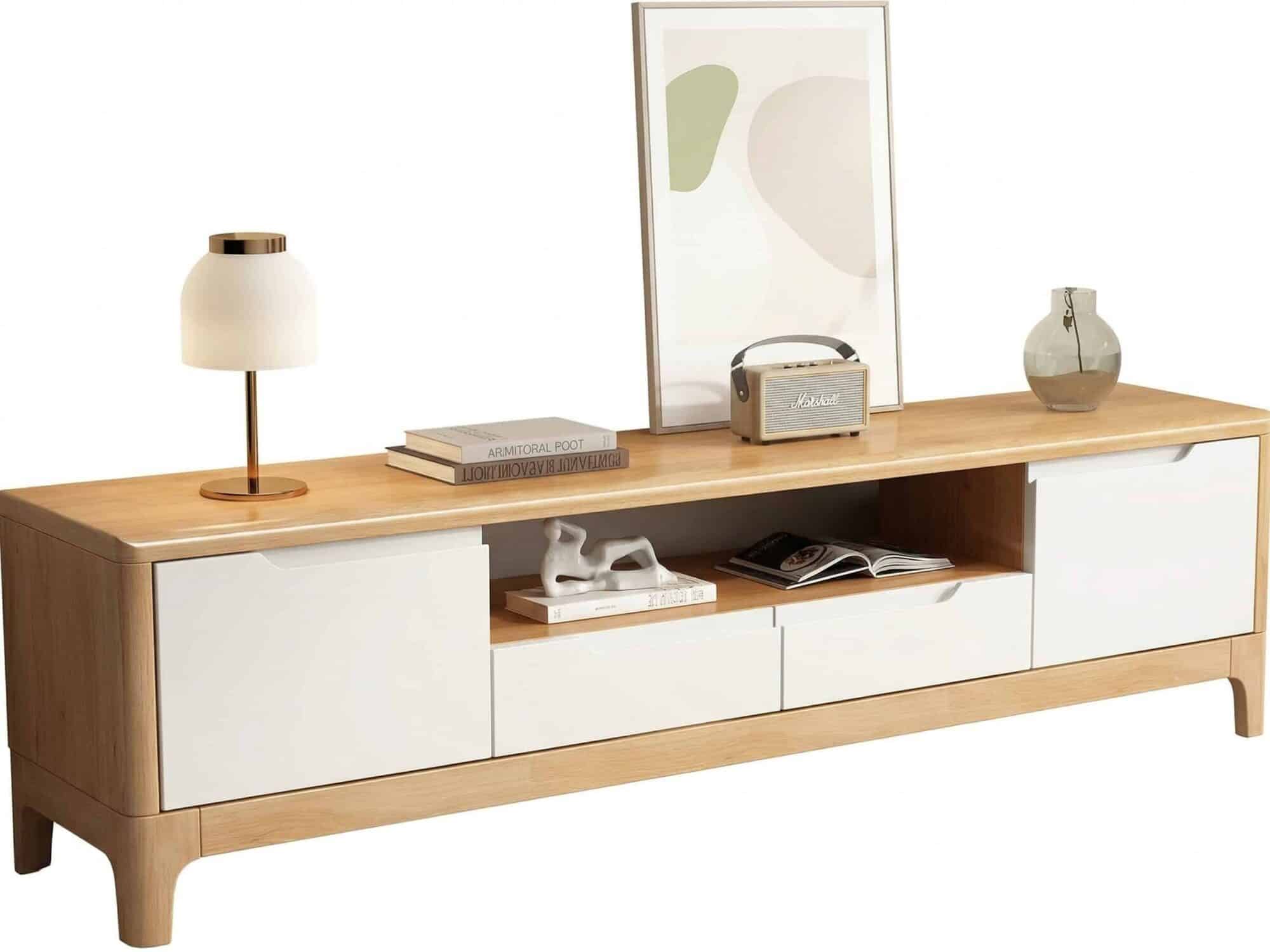 Nut Brown Rubberwood Tv Stand With Shelves Cabinet 22
