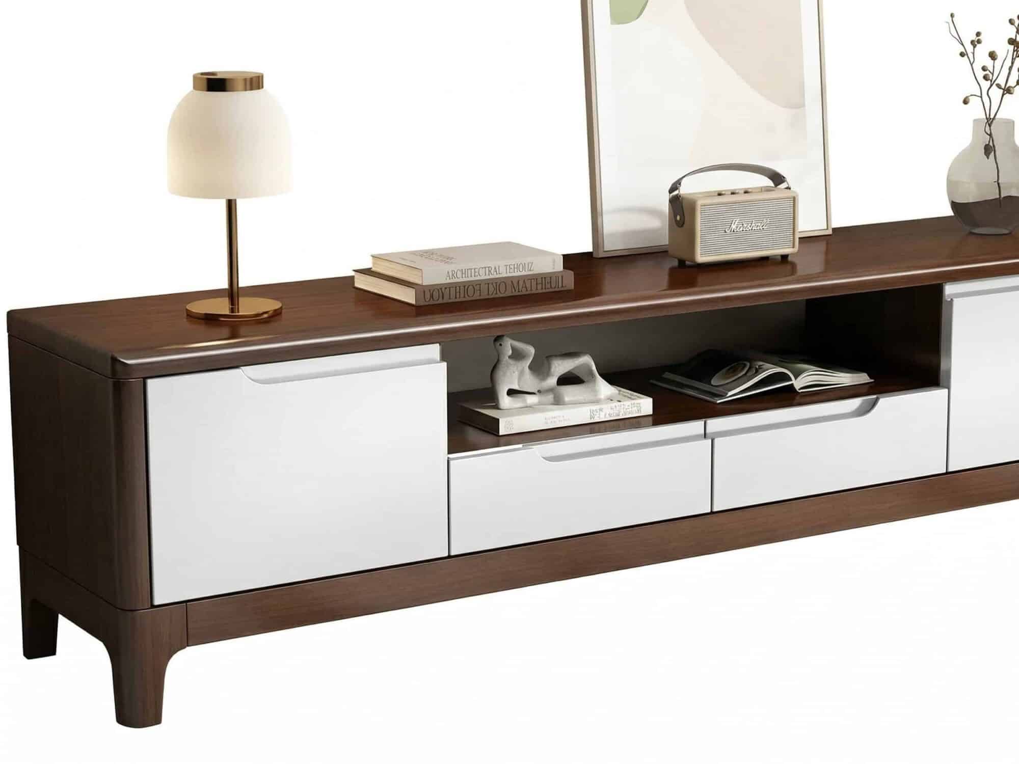 Nut Brown Rubberwood Tv Stand With Shelves Cabinet 24