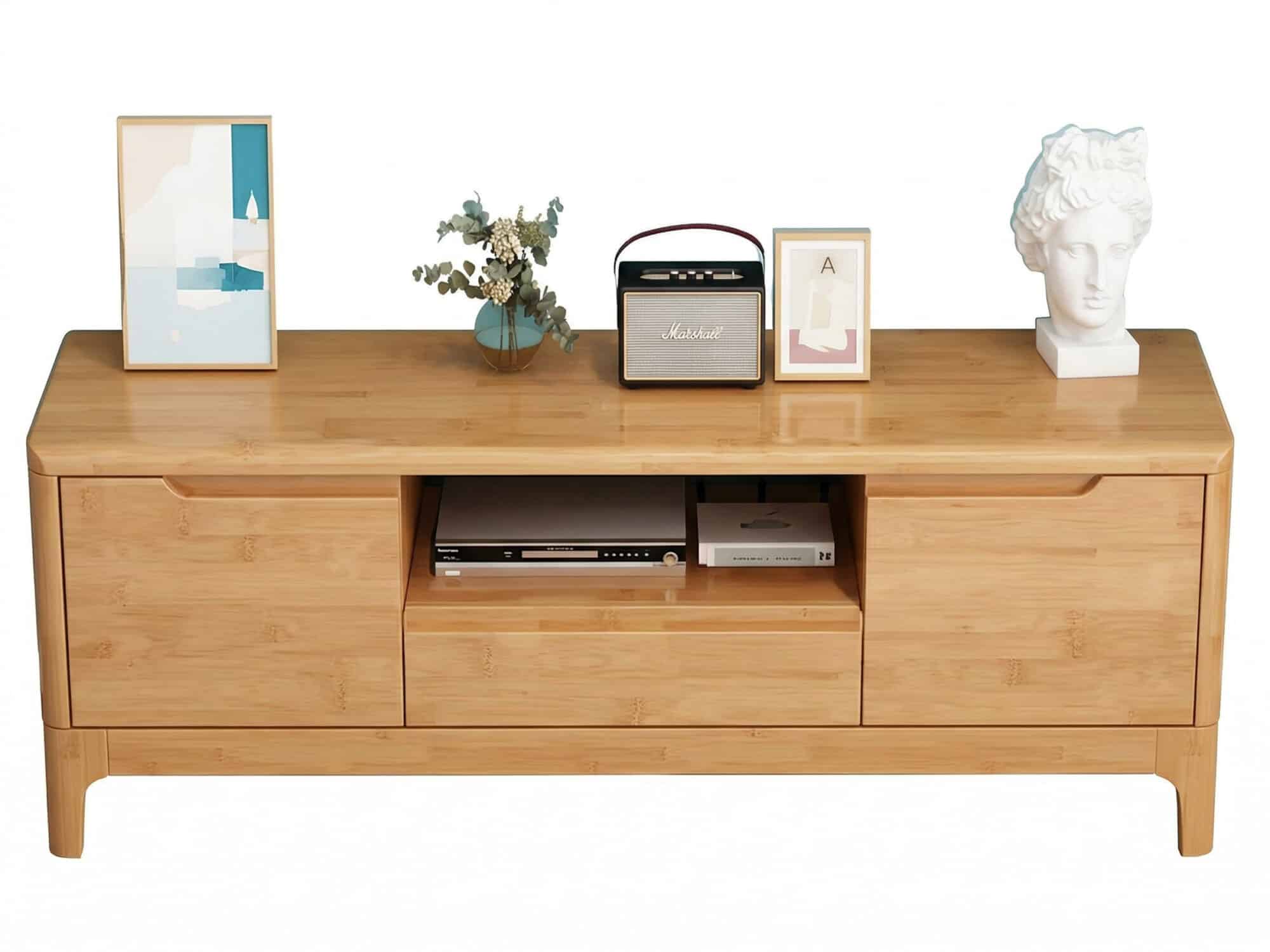 Nut-Brown Rubberwood TV Stand with Shelves Cabinet 相册图 #1 resized