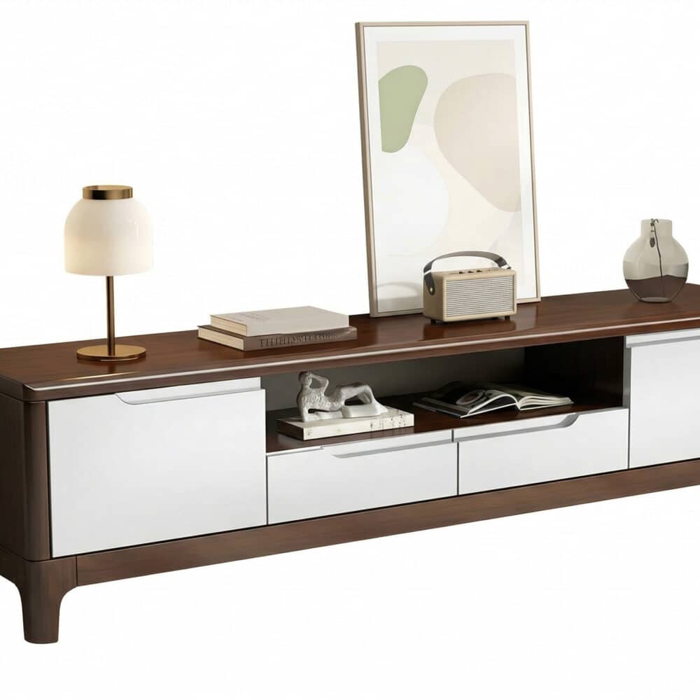 Nut-Brown Rubberwood TV Stand with Shelves Cabinet 相册图 #11 resized
