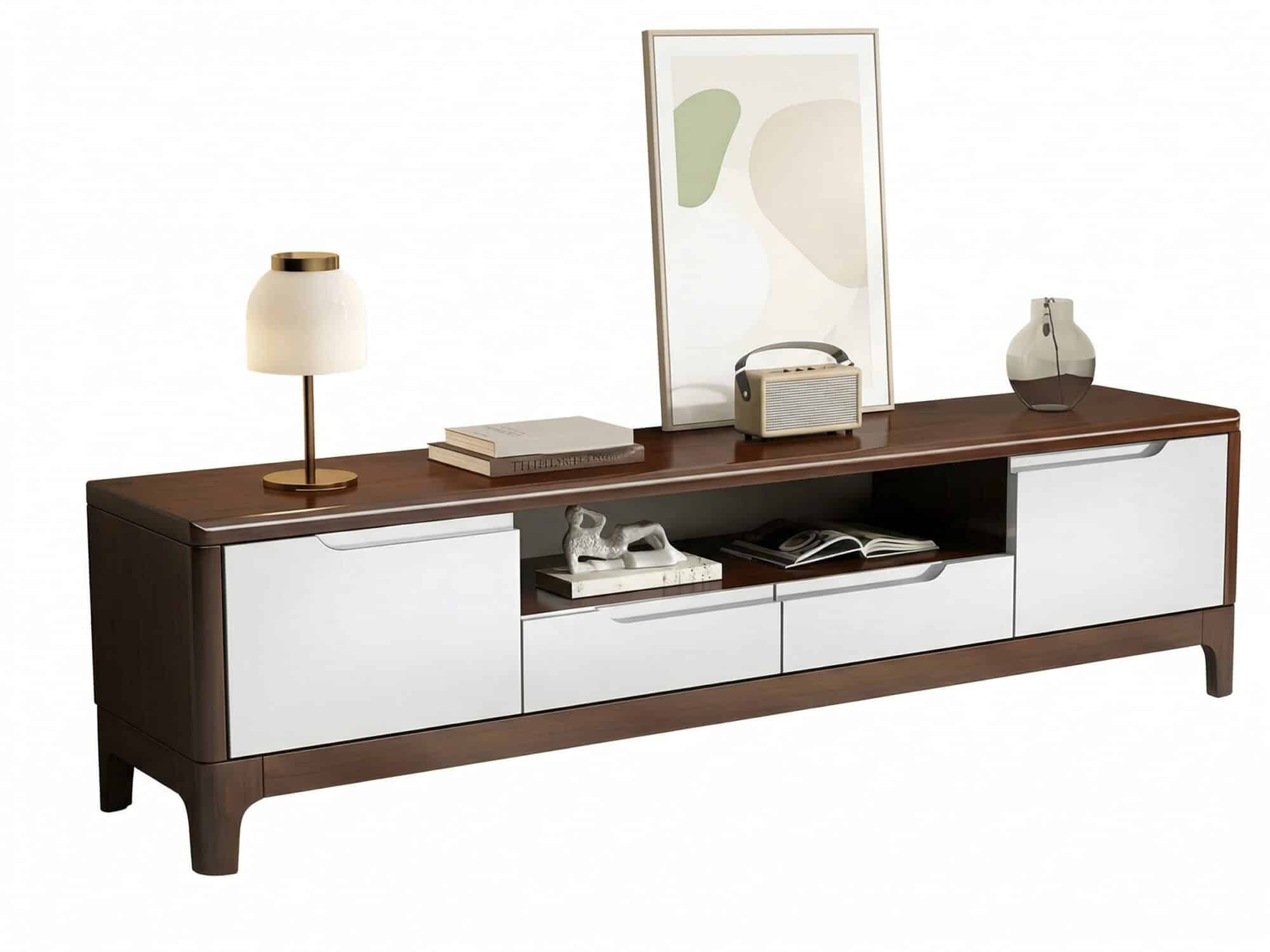 Nut-Brown Rubberwood TV Stand with Shelves Cabinet 相册图 #11 resized