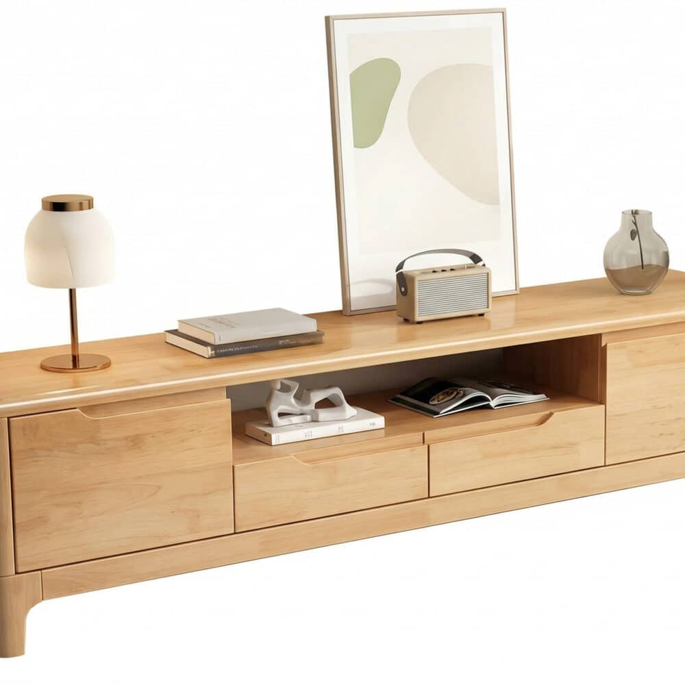 Nut-Brown Rubberwood TV Stand with Shelves Cabinet 相册图 #2 resized
