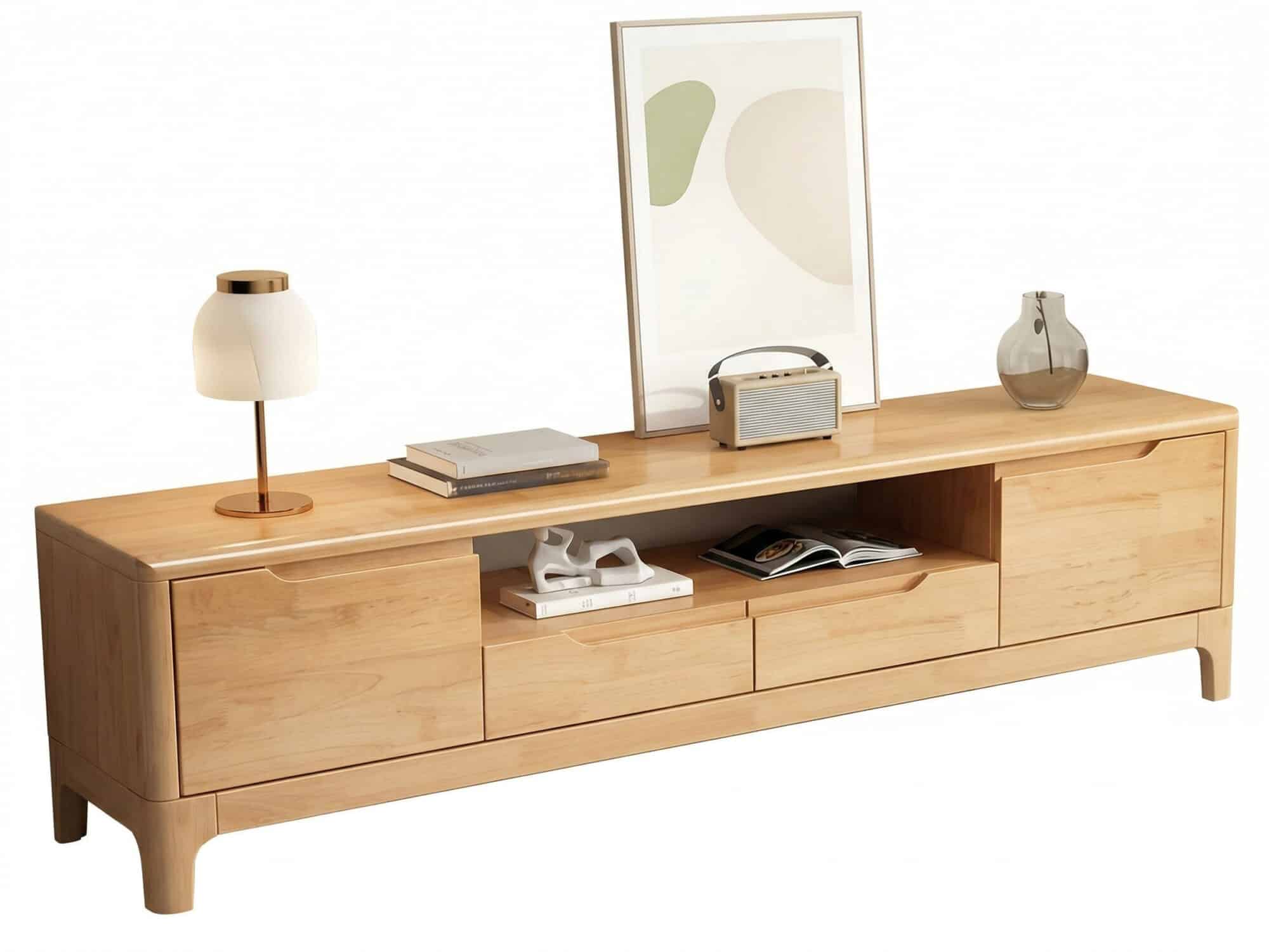 Nut-Brown Rubberwood TV Stand with Shelves Cabinet 相册图 #2 resized