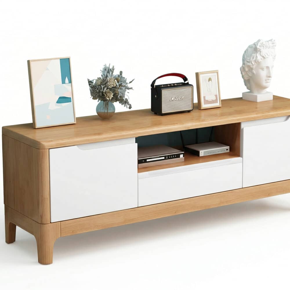 Nut-Brown Rubberwood TV Stand with Shelves Cabinet 相册图 #4 resized
