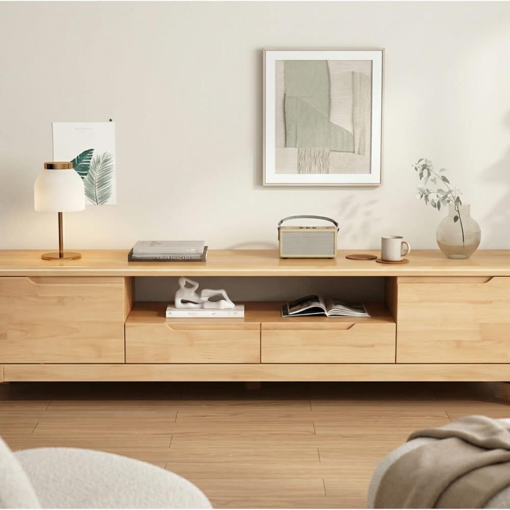 Nut-Brown Rubberwood TV Stand with Shelves Cabinet 相册图 #5 scene