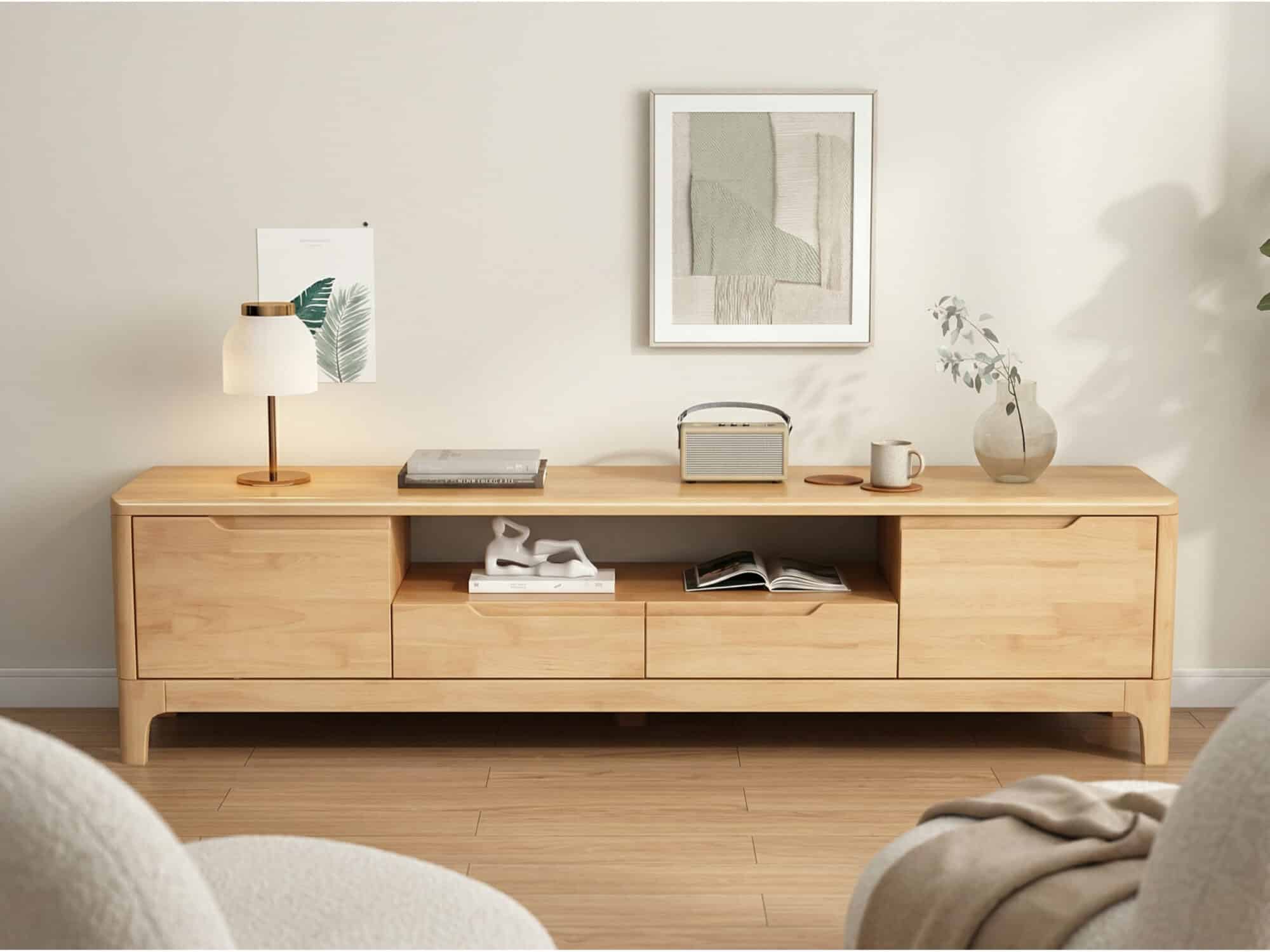 Nut-Brown Rubberwood TV Stand with Shelves Cabinet 相册图 #5 scene