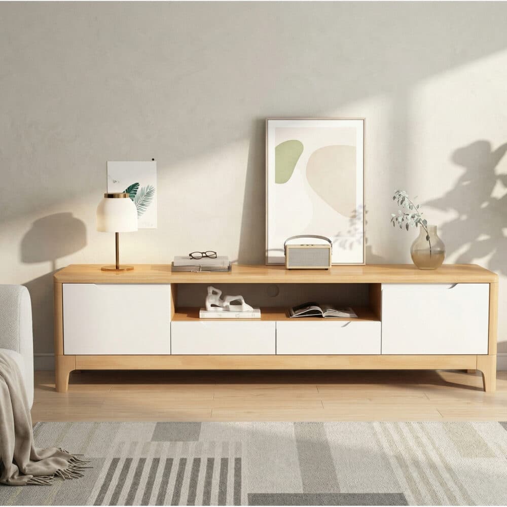 Nut-Brown Rubberwood TV Stand with Shelves Cabinet 相册图 #6 scene