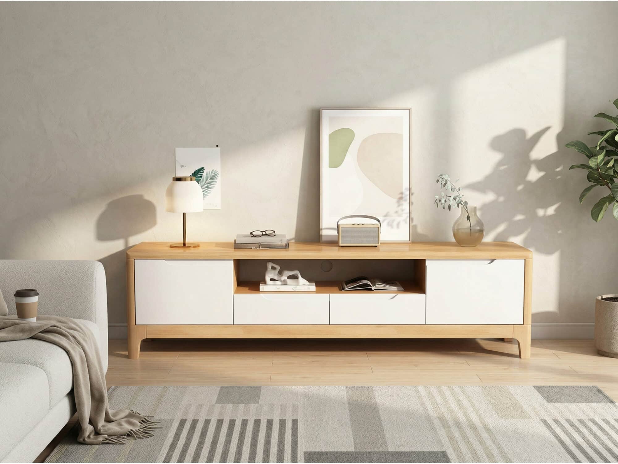 Nut-Brown Rubberwood TV Stand with Shelves Cabinet 相册图 #6 scene