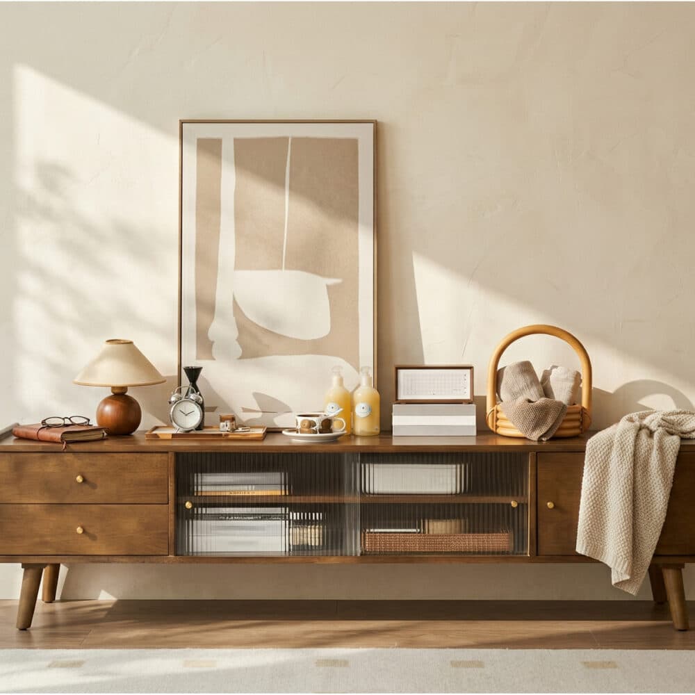 Nut-Brown Wood Drawers Open Storage TV Stand with Legs 商品主图 scene