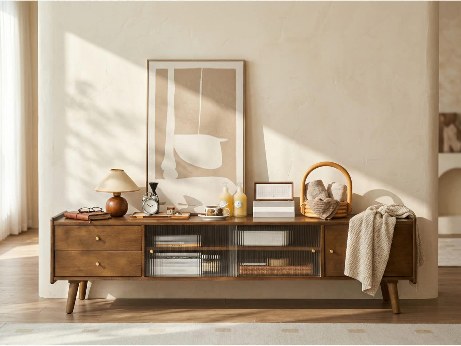 Nut-Brown Wood Drawers Open Storage TV Stand with Legs 商品主图 scene
