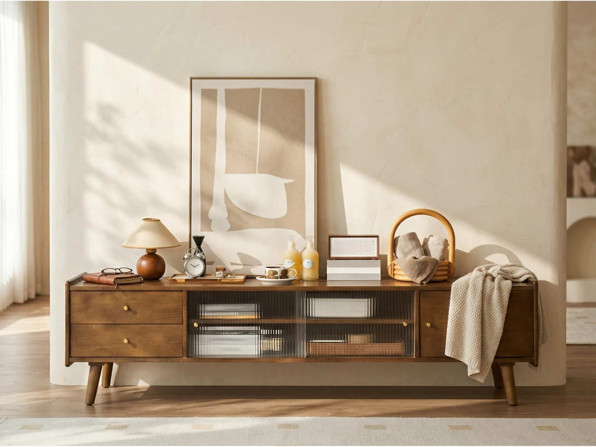 Nut-Brown Wood Drawers Open Storage TV Stand with Legs 商品主图 scene