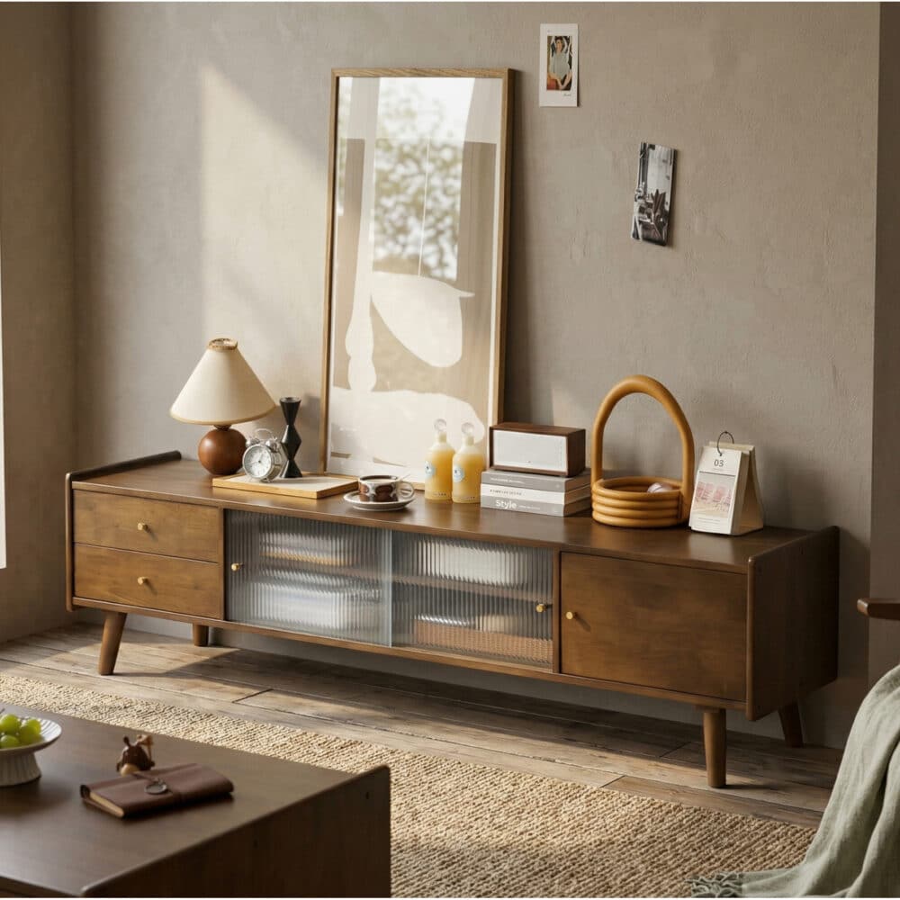 Nut-Brown Wood Drawers Open Storage TV Stand with Legs 相册图 #1 scene