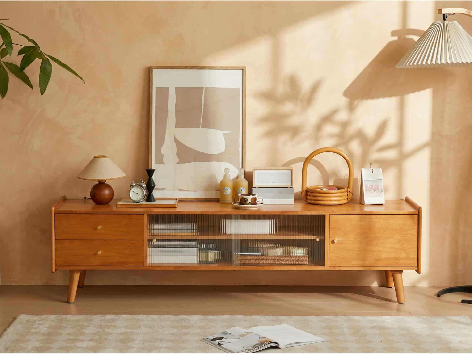 Nut-Brown Wood Drawers Open Storage TV Stand with Legs 相册图 #2 scene