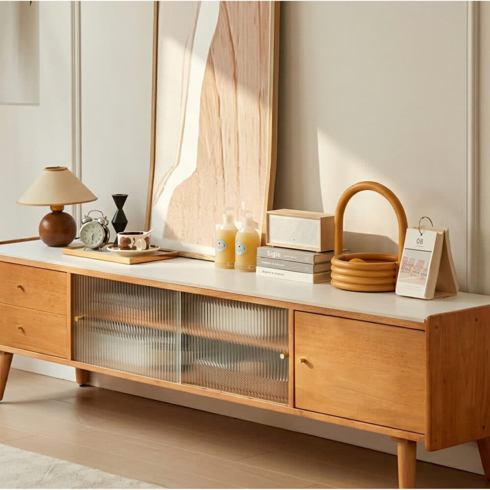 Nut-Brown Wood Drawers Open Storage TV Stand with Legs 相册图 #3 scene