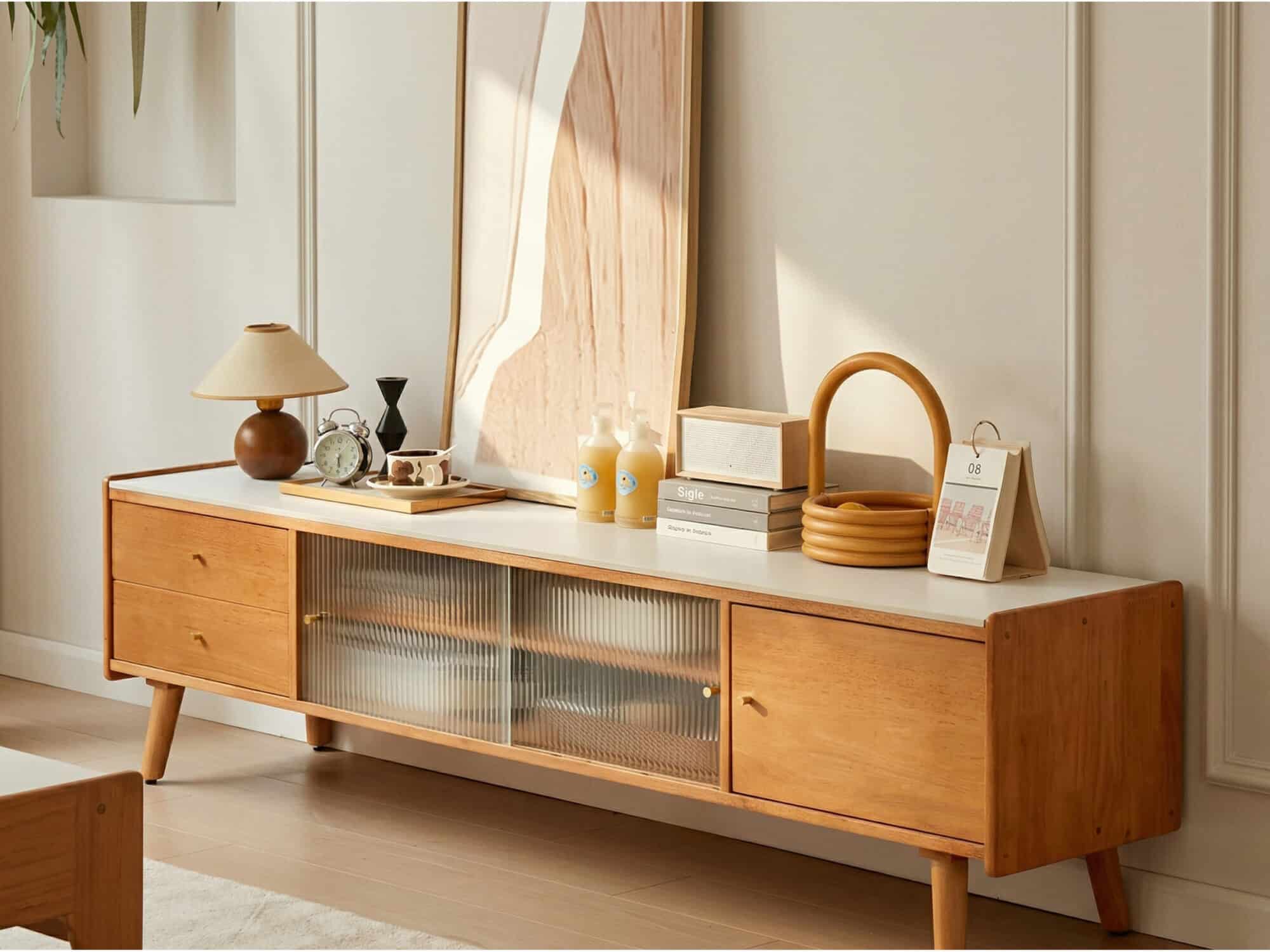 Nut-Brown Wood Drawers Open Storage TV Stand with Legs 相册图 #3 scene