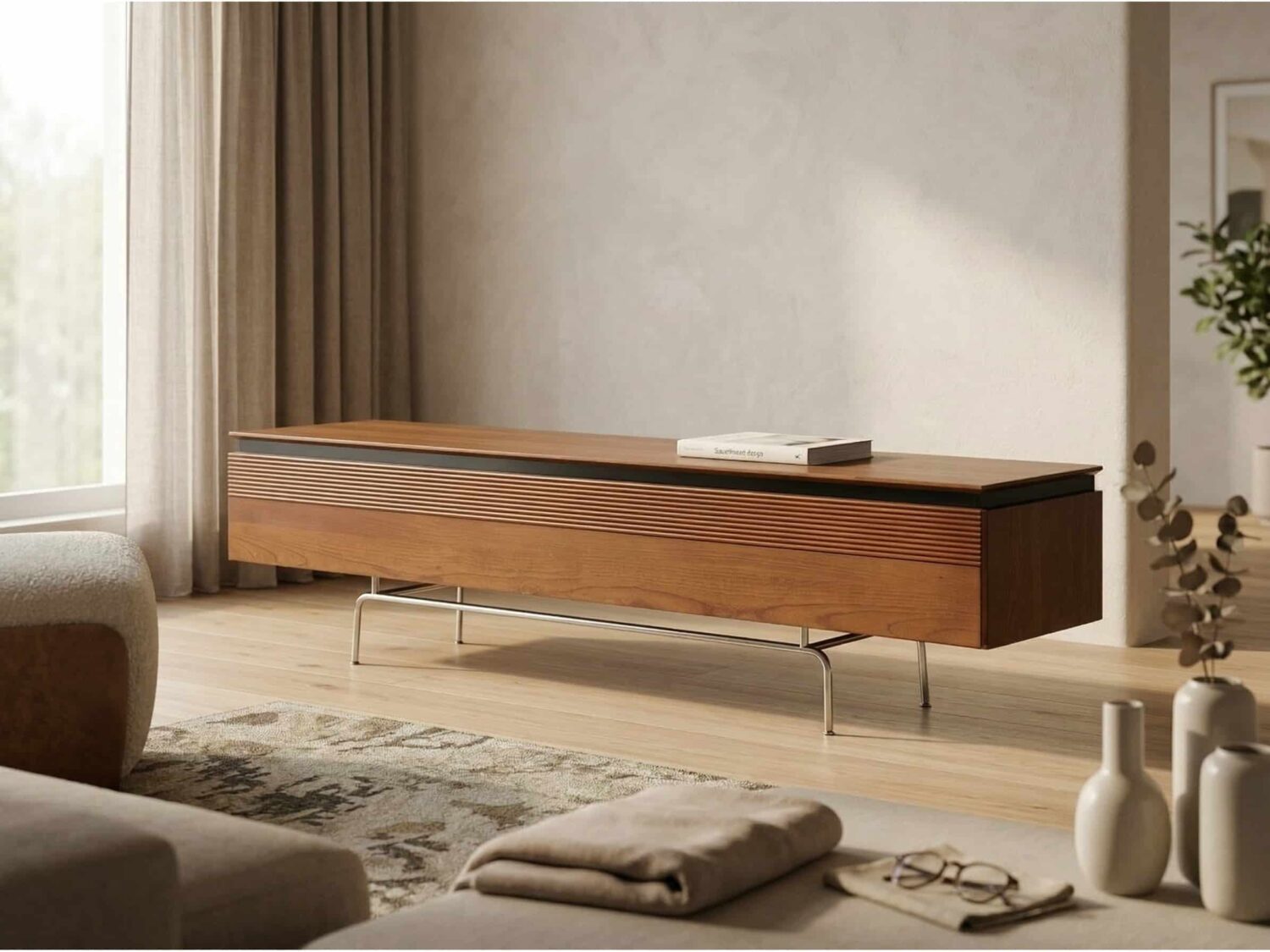 Retro Rectangular Cherry Wood Living Room TV Stand Brown 商品主图 scene