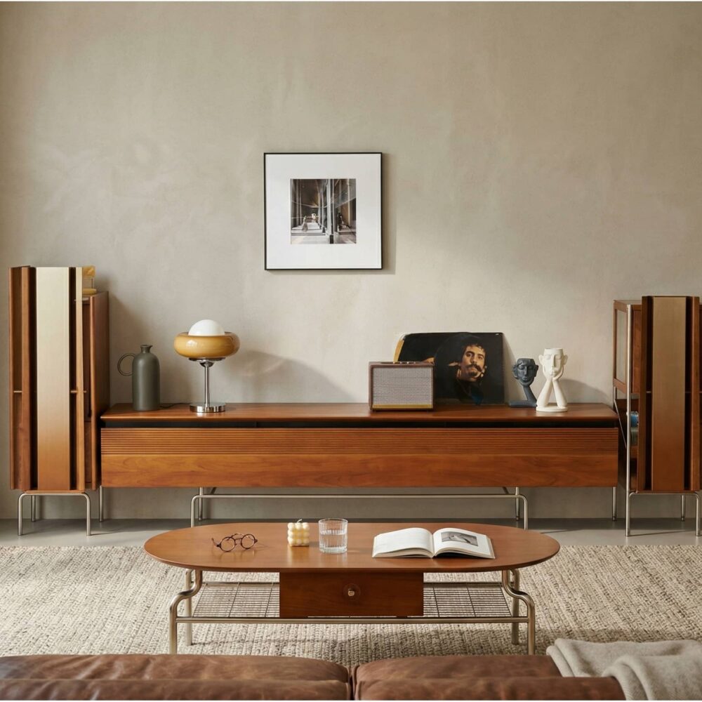Retro Rectangular Cherry Wood Living Room TV Stand Brown 相册图 #1 scene