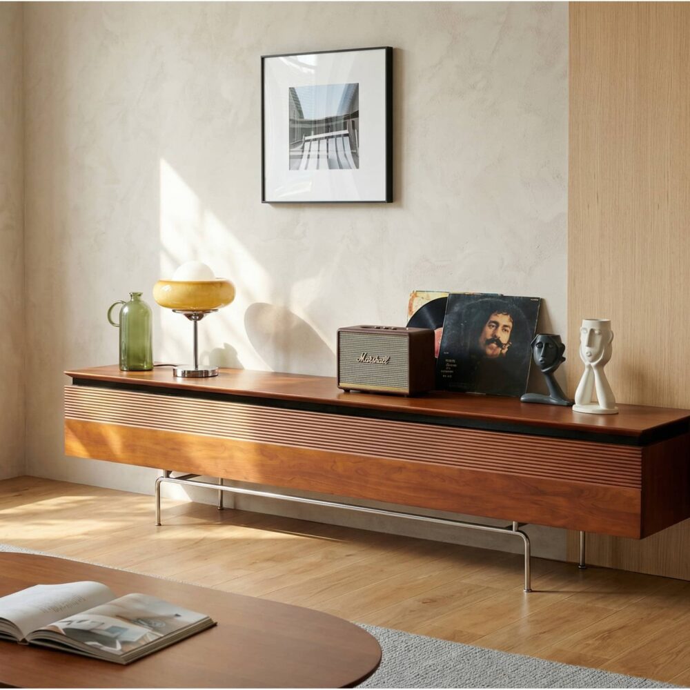 Retro Rectangular Cherry Wood Living Room TV Stand Brown 相册图 #3 scene
