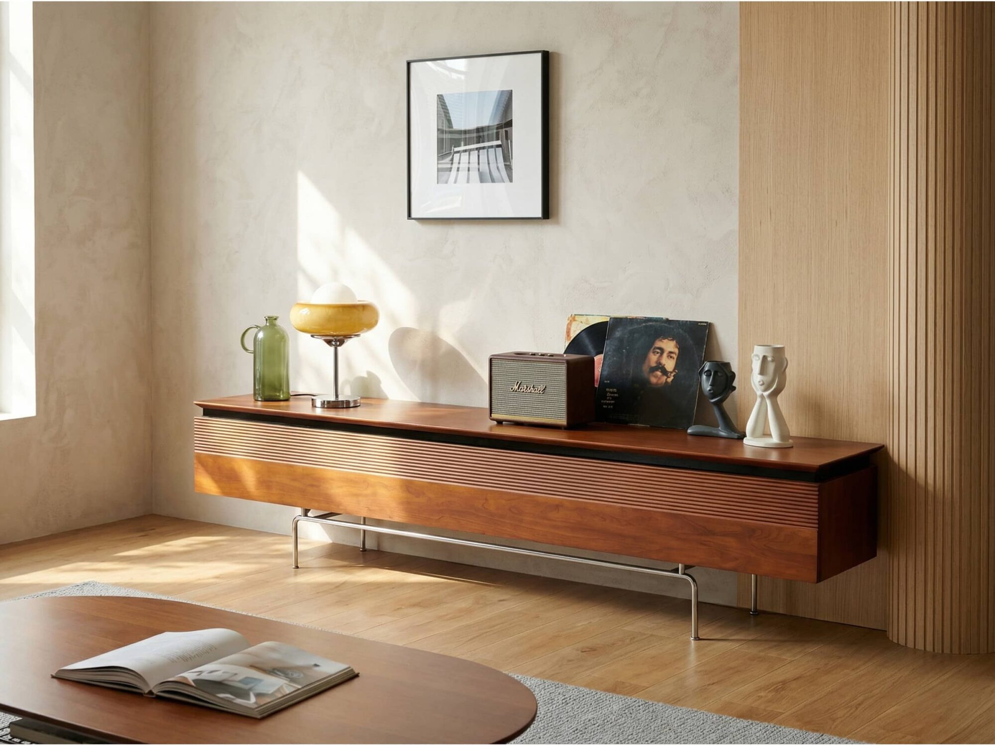 Retro Rectangular Cherry Wood Living Room TV Stand Brown 相册图 #3 scene